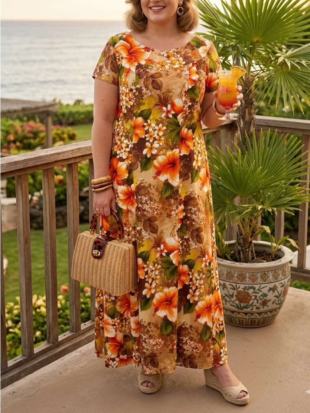 🌺 Vintage 1970s Ui Maikai Hawaiian Cape Back Maxi Dress Size 16 Barkcloth Resort